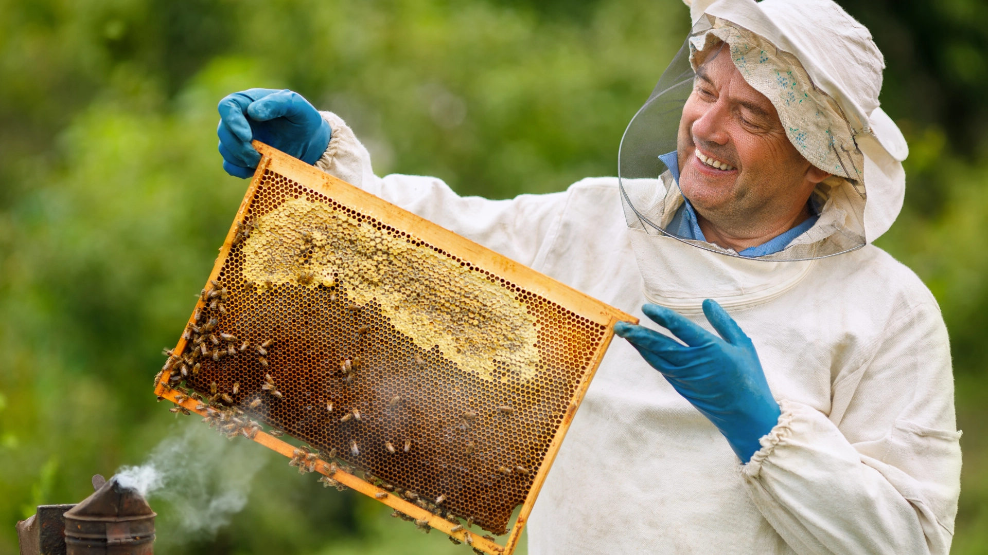 Beekeeper holding up a beehive