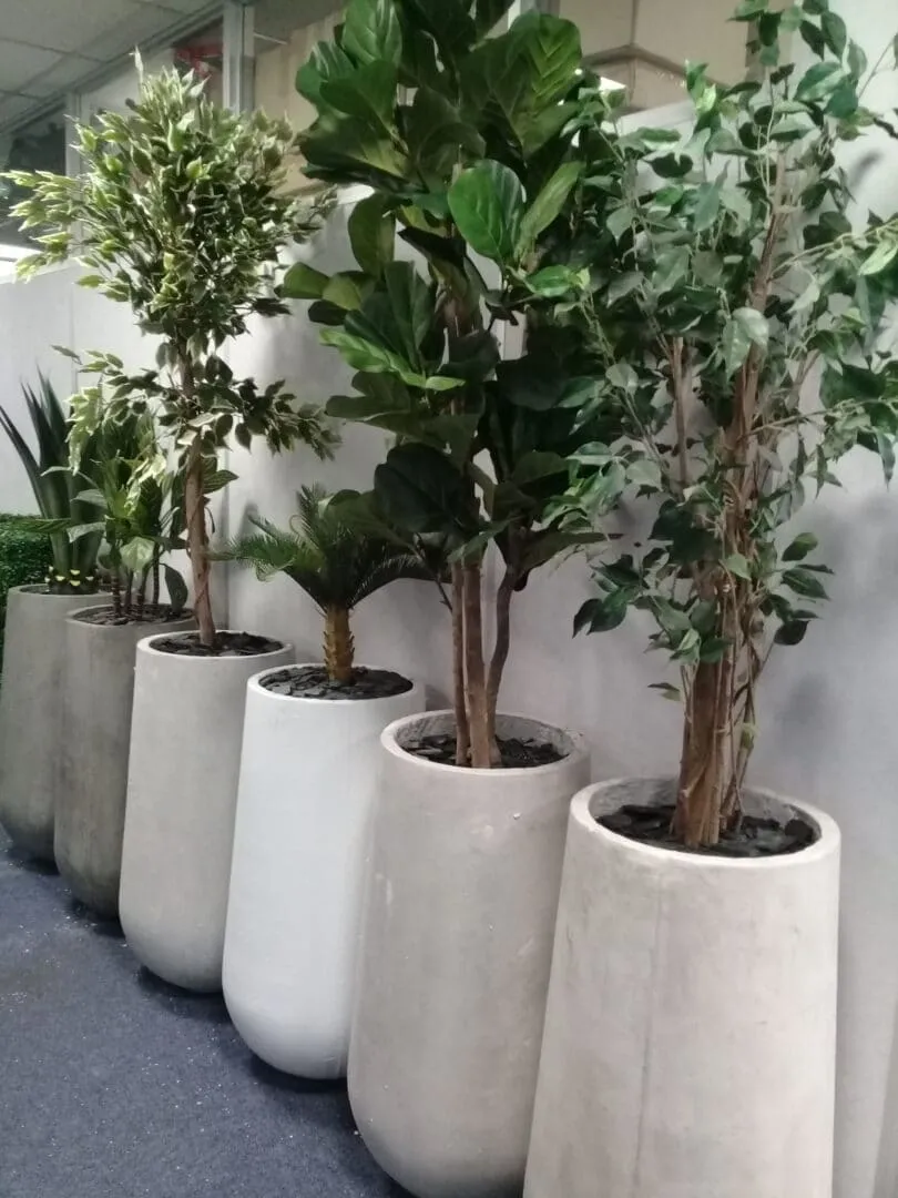Artificial plants in tall cement pots