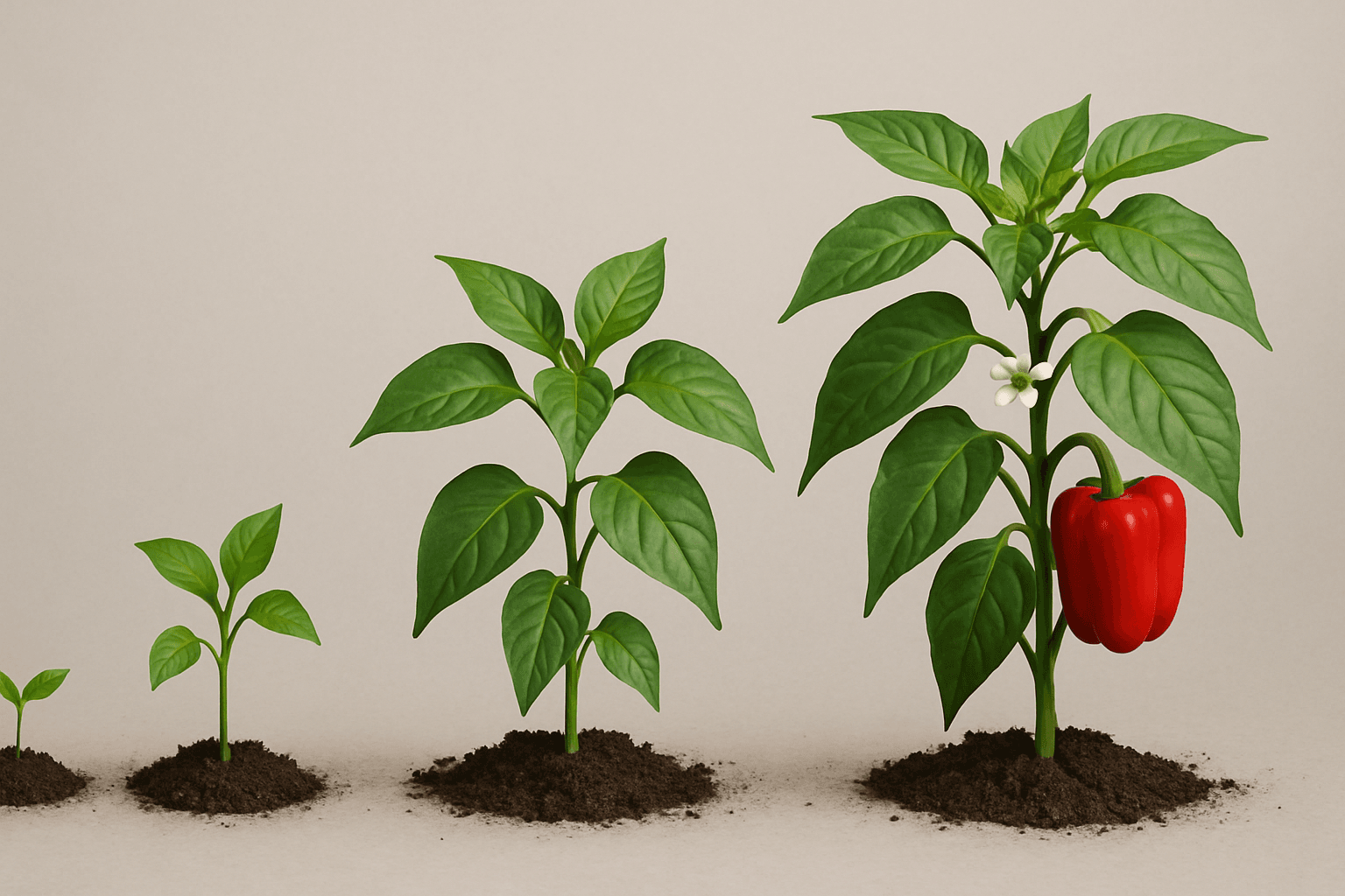 4 bell pepper plants of varying sizes for planting in a vegatable garden