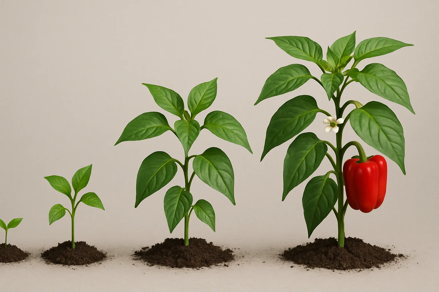 4 bell pepper plants of varying sizes for planting in a vegatable garden