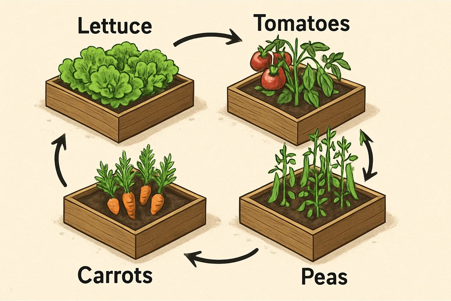 Lettuce, Tomatoes, Carrots and Peas growing in raised garden beds in a vegatable garden