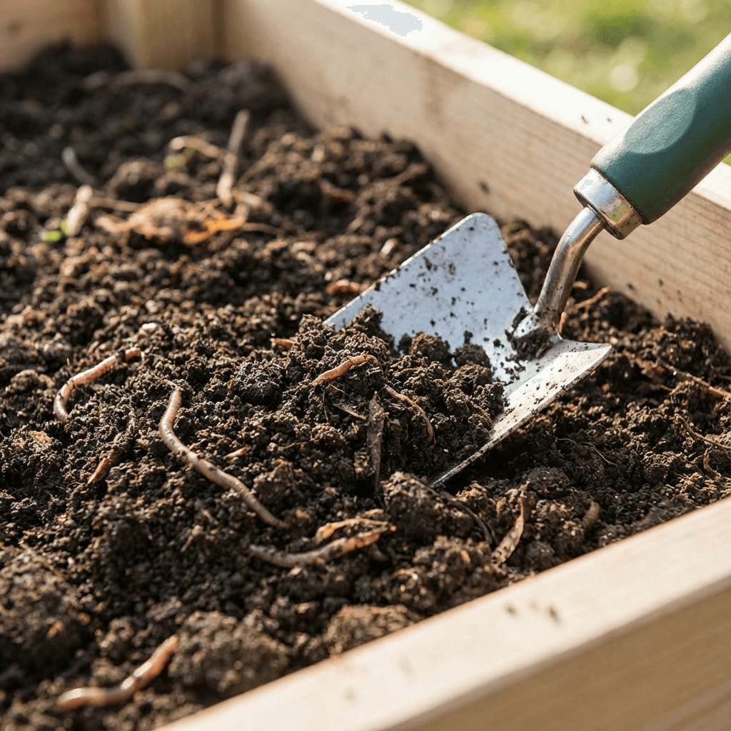 Healthy garden soil enriched by composting