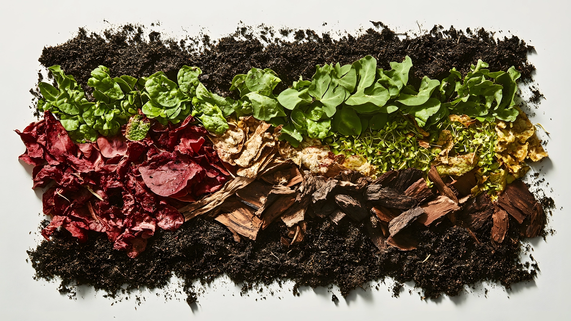 Properly layered compost pile alternating brown carbon-rich and green nitrogen-rich materials