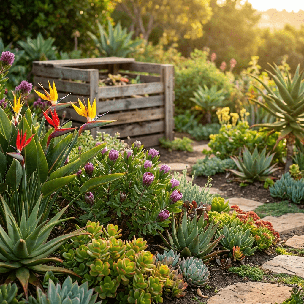Successful composting in a South African garden with thriving vegetables and flowers