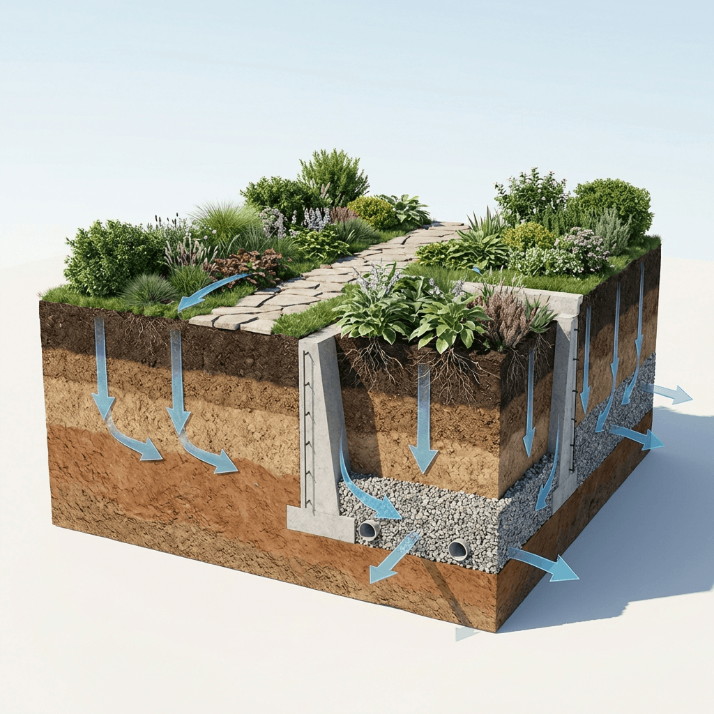 Illustration showing hidden landscape systems beneath planting and surfaces
