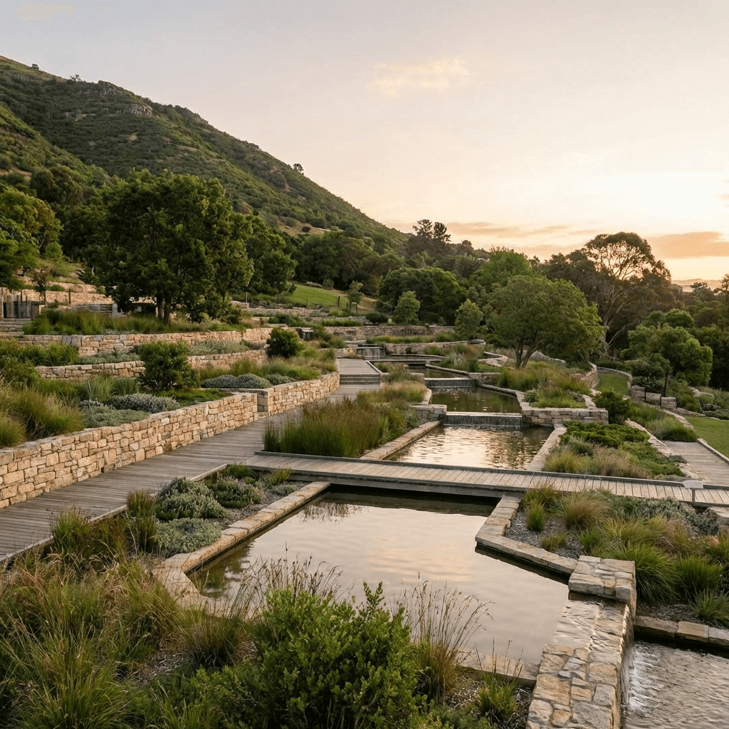 Landscaped sloped site with well-planned levels and terrain shaping