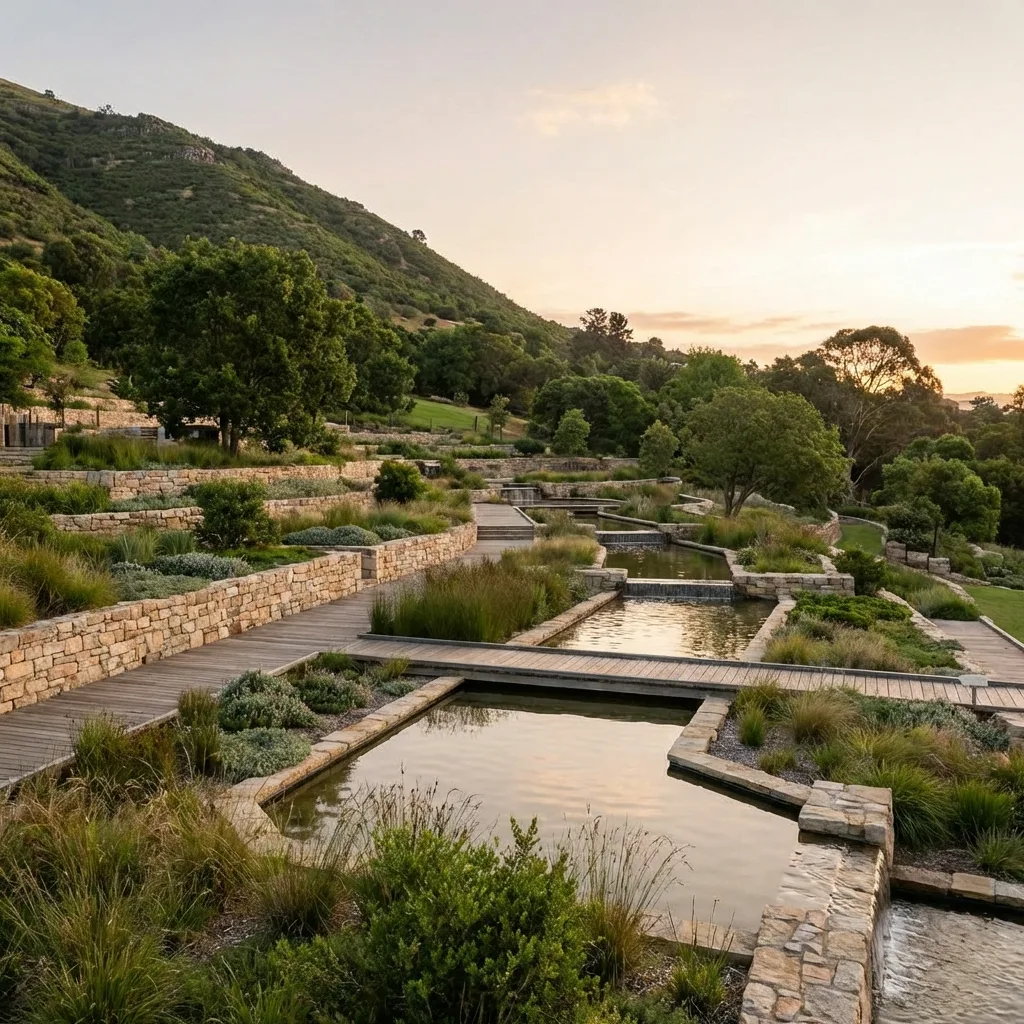 Landscaped sloped site with well-planned levels and terrain shaping