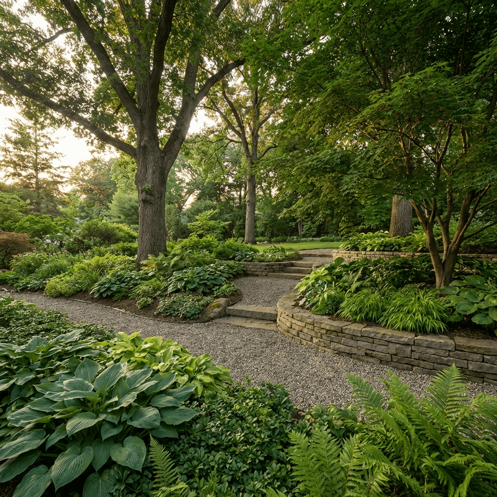 Hybrid landscape with mature planting and selectively reworked ground