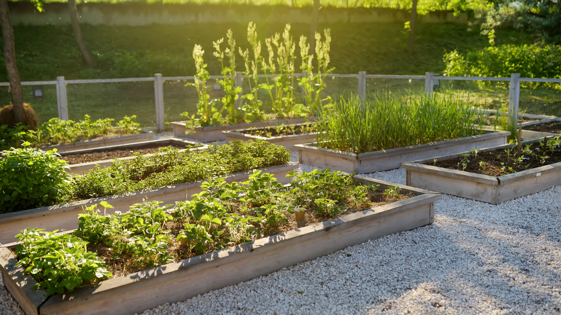 Raised wooden garden beds filled with herbs and tall greens, in a sunny backyard with a wooden fence in the background.