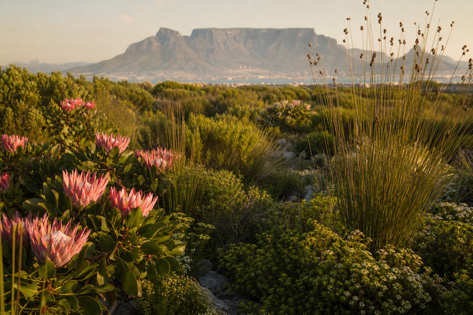 Established fynbos garden with proteas and restios, Cape Town - indigenous plants outperform seeds in most landscaping projects