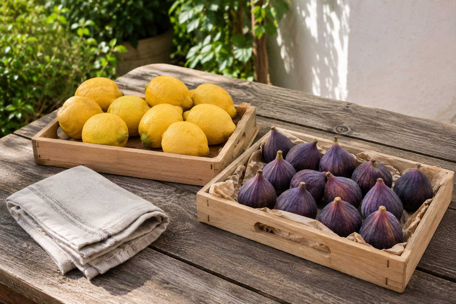 Fresh lemons and purple figs sorted into shallow wooden crates on an outdoor table