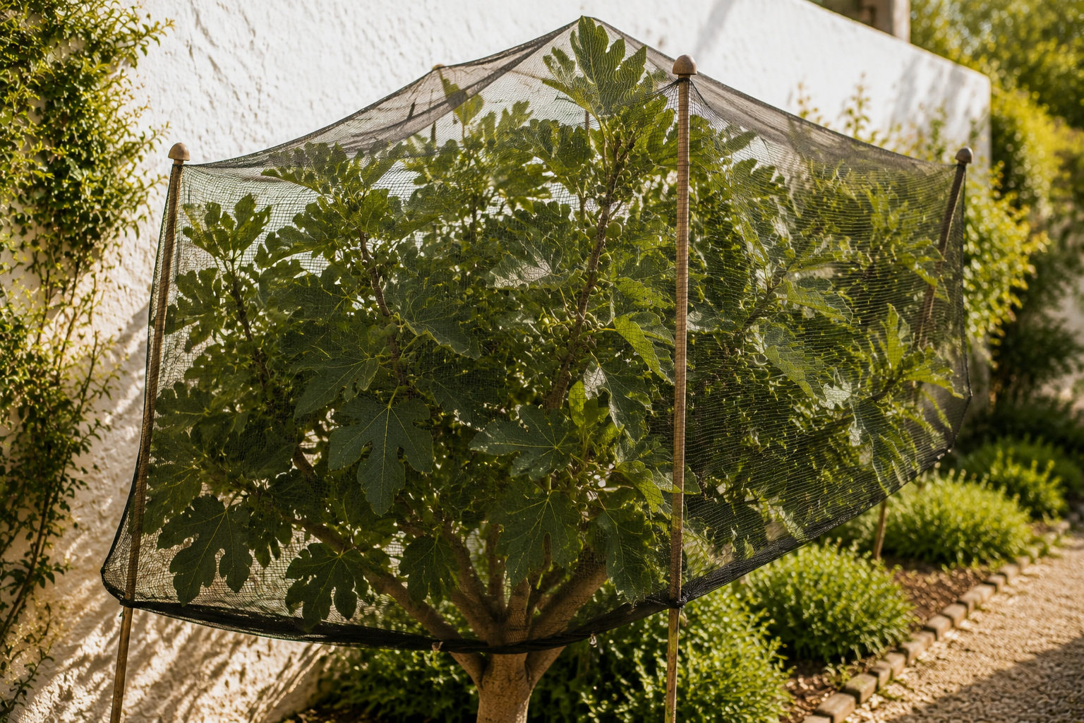Dark bird netting supported on bamboo stakes around a fig tree’s canopy.