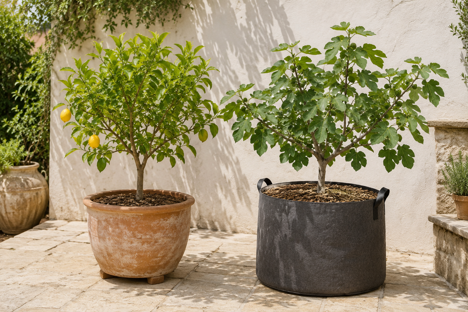 Lemon tree in a terracotta pot and fig tree in a large fabric grow bag on a sunny patio