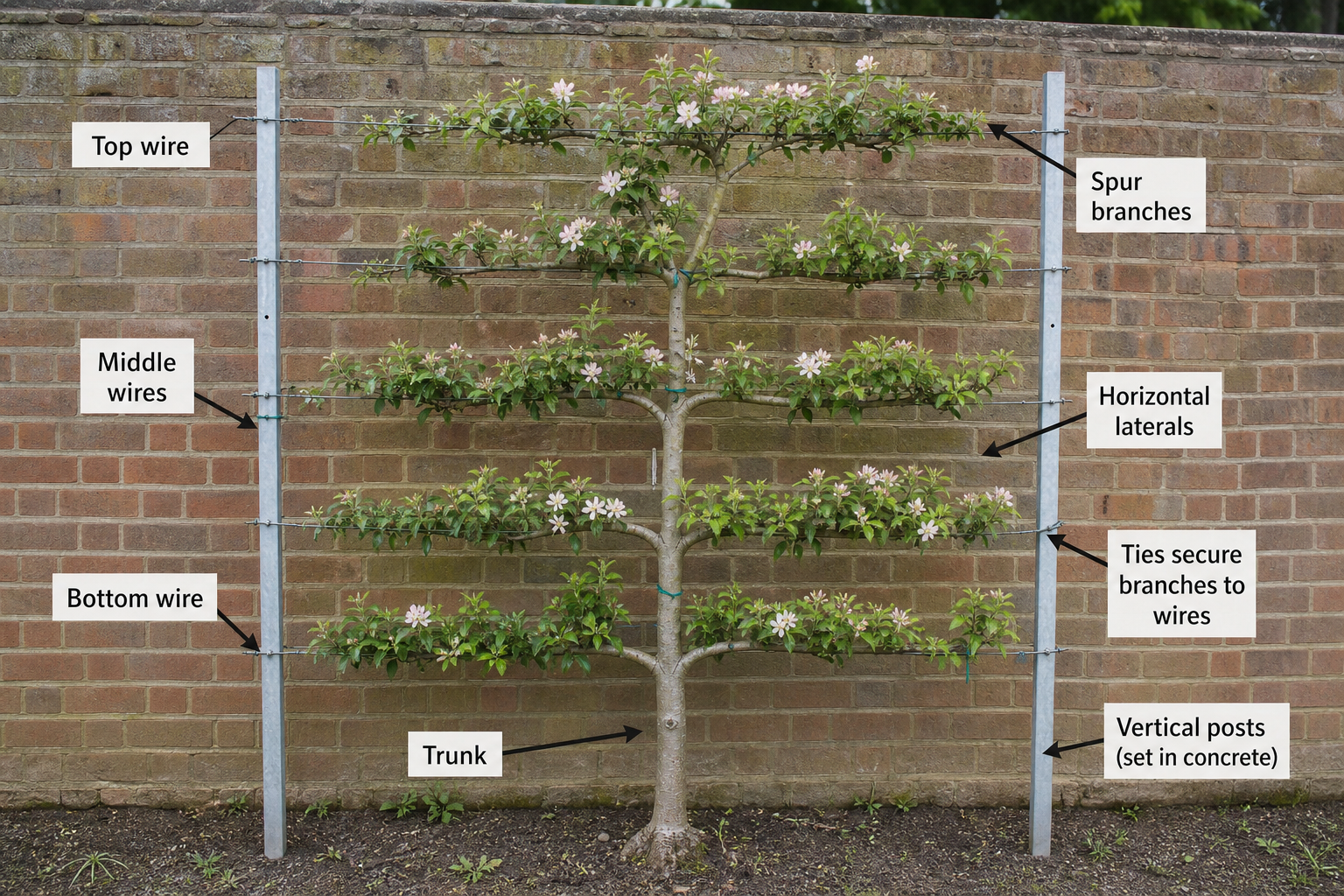 Fruit tree trained along horizontal supports beside a garden wall